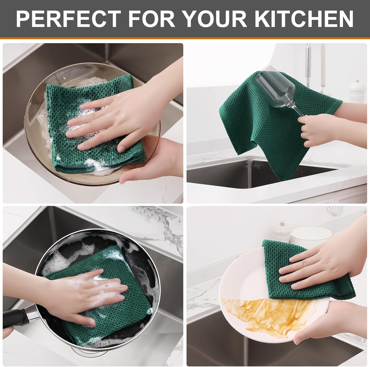 Kitinjoy 100% Cotton Kitchen Dish Cloths, 6 Pack Waffle Weave Ultra Soft Absorbent Dish Towels for Drying Dishes Quick Drying Kitchen Towels Dish Rags, 12 X 12 Inches, Dark Green
