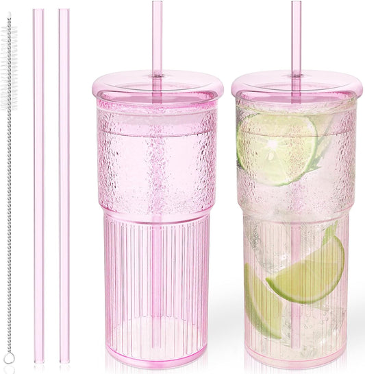 Glass Cups with Lids and Glass Straws, High Borosilicate 20OZ Pink Tumblers (2Pcs) for Coffee, Tea, Juice, Smoothies, Hot &