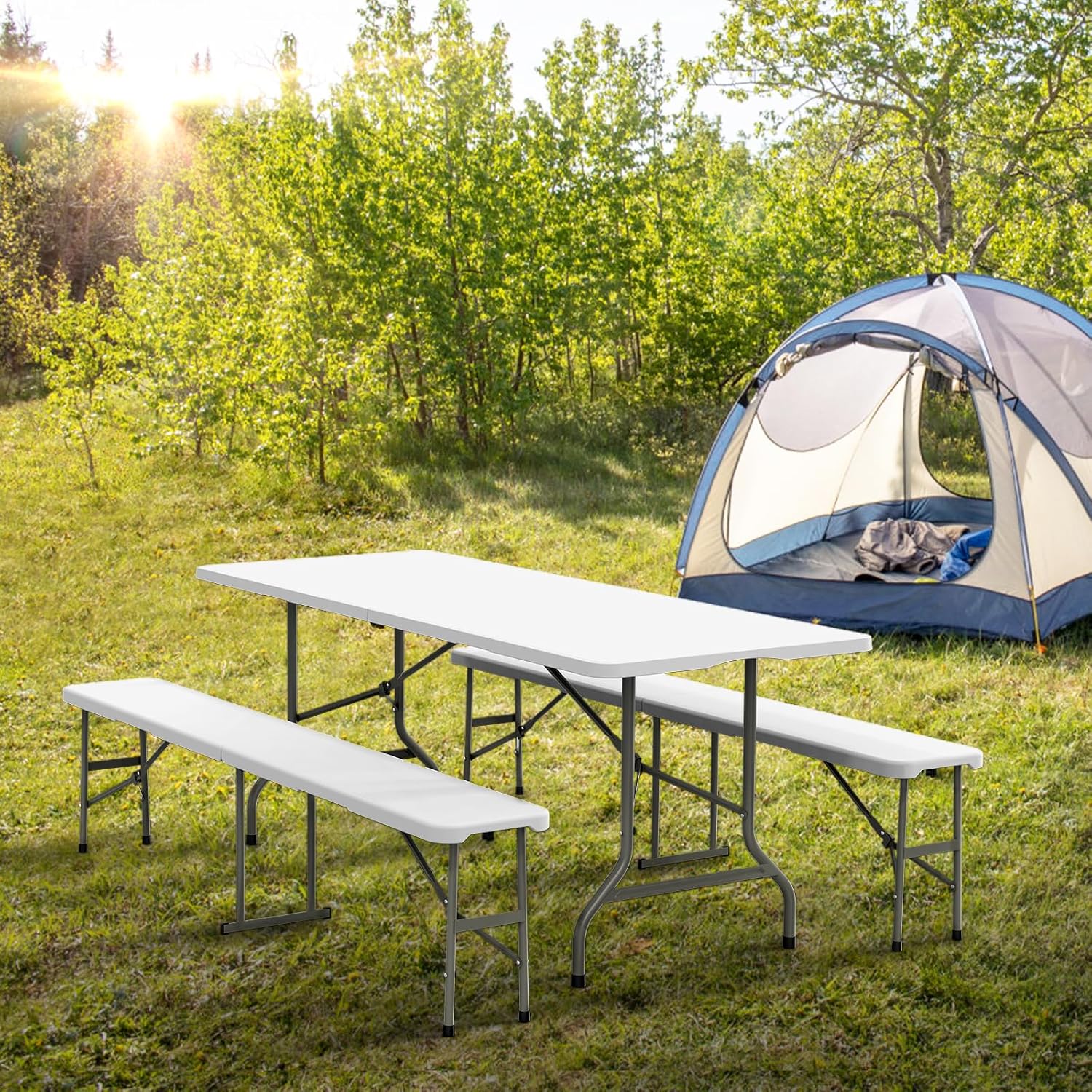 VINGLI Picnic Table Set with 2 Benches, 6 Feet Camping Table Chair Set,3-Piece Folding Furniture for Indoor or Outdoor U