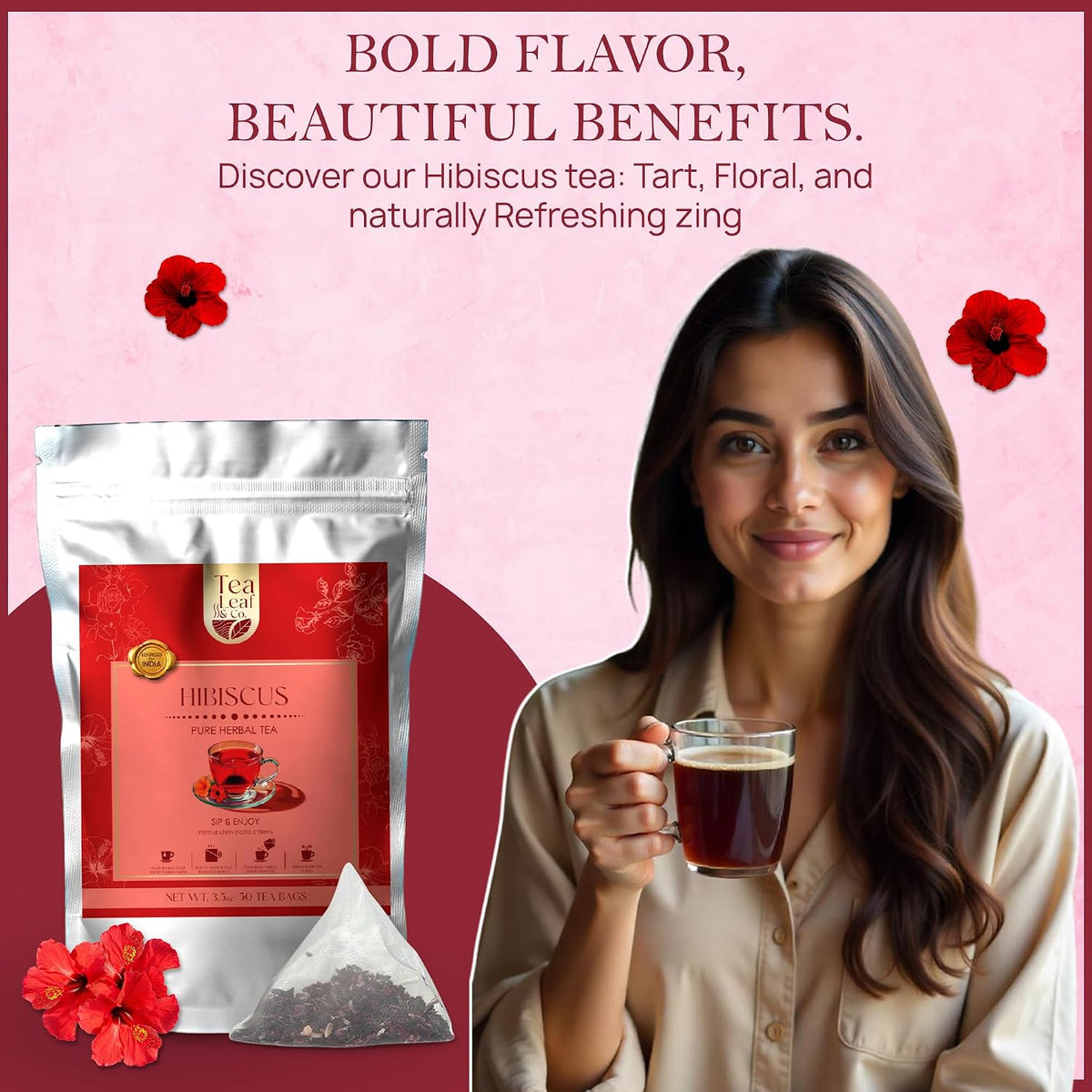 Hibiscus Herbal Tea (100 gm/3.5 oz), Natural Herbal Infusion, 50 Tea Bags