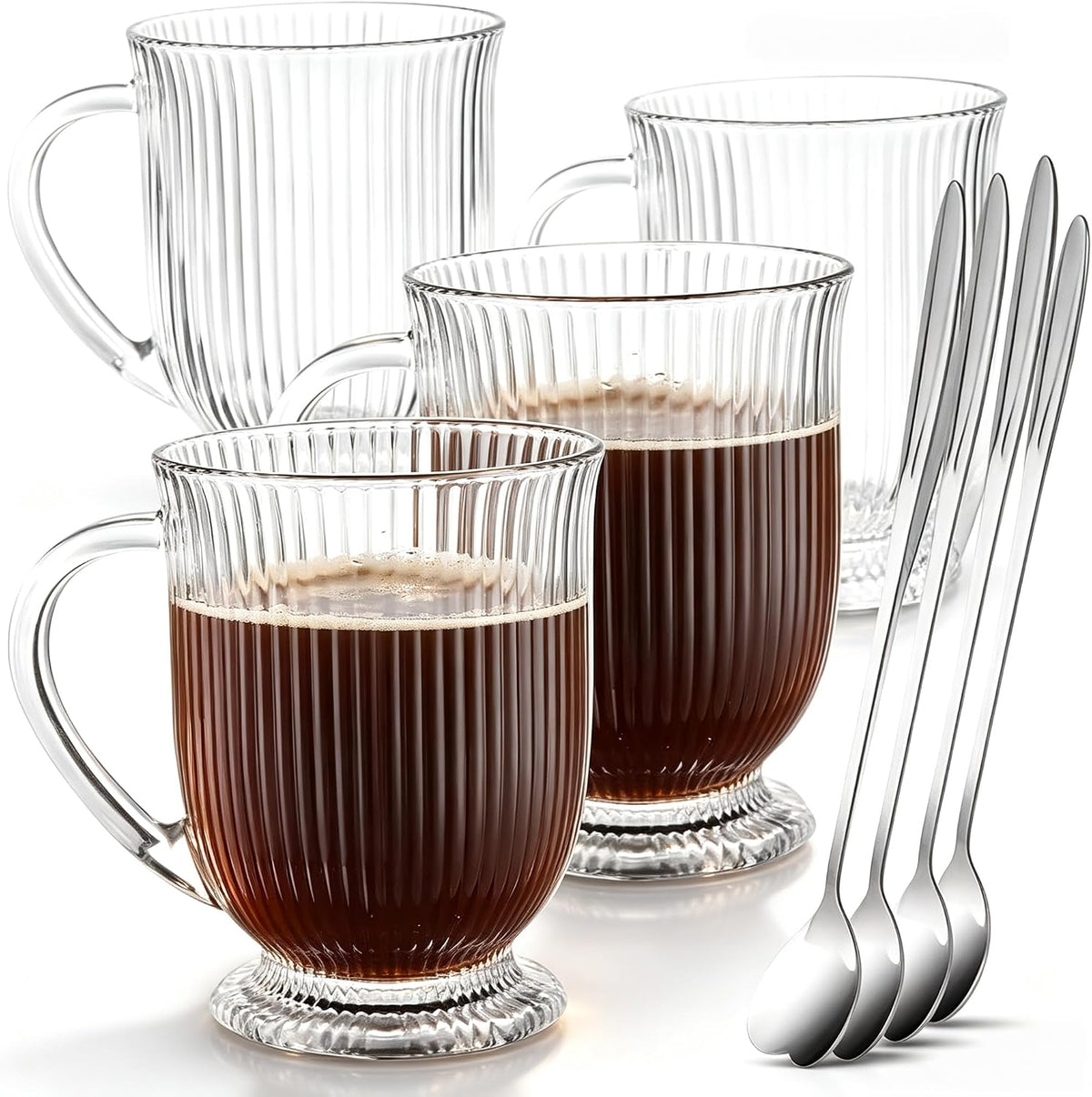Ribbed Glass Coffee Mugs Set of 4,16 Oz Clear Diner Cups,Large Espresso Cups with Spoon, Glass Mugs with Handle Latte Cup with Footed Base for Hot Beverages,Cappuccino Cups, Stylish Drinkware