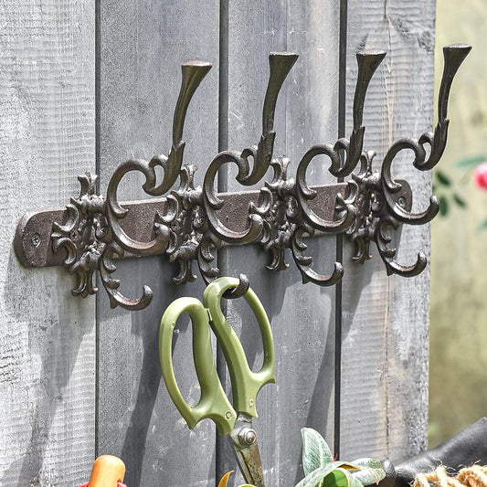 Sungmor Vintage Cast Iron Wall Hook Rack - Ornate 4-Hooks Coat and Hat Organizer - Heavy Duty Decorative Hanger for
