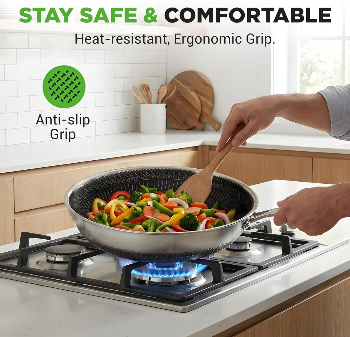 NutriChef 12" Stainless Steel Wok - Induction ready, Non Stick Tri-ply technology, Scratch-resistant Honeycomb Fire Textured Pattern