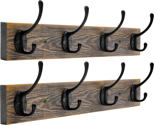 IBosins Wall Mounted Coat Rack, 2 Pack Metal Wood Coat Rack with 8 Black Rustic Hooks for Scarf, Bag, Towel, Key, Cap, Cup,