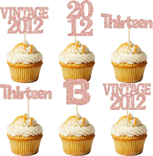Gyufise 24Pcs 13th Birthday Cupcake Toppers Glitter Thirteen Vintage 2012 Hello 13 Years Birthday Cupcake Picks Official