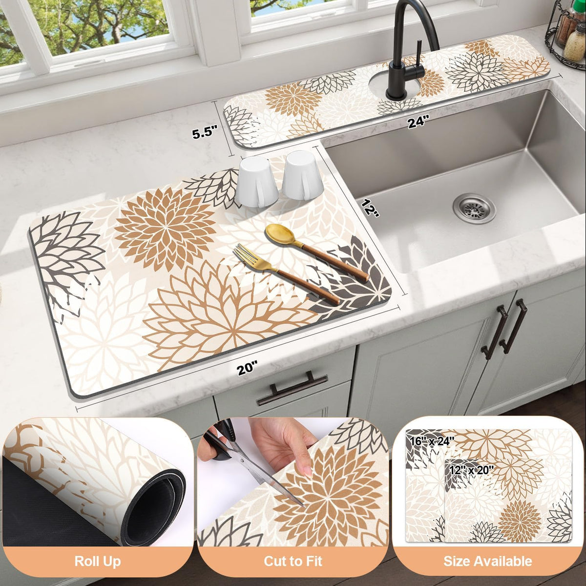 Findosom 2PCS 12" x 20" Dish Drying Mat & 24" x 5.5" Sink Splash Guard, Super Absorbent & Cuttable Dish Mat Drying Kitchen Mat with Brown Floral, Hide Stain Drying Mat for Kitchen Counter