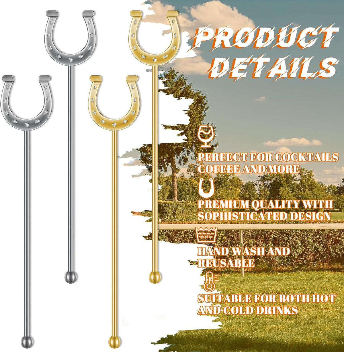 6 Inch Derby Drink Plastic Stirrers Swizzle Sticks for Cocktails Coffee Reusable U Shaped Horseshoe Drink Stirrers for Coffee Beverage Party Bar Weddings Events(Gold,silver,30 Pcs)