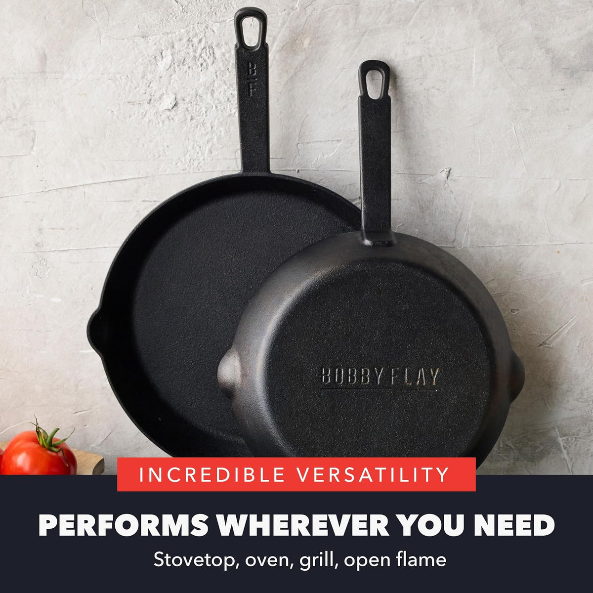 GreenPan x Bobby Flay 2 Piece Set (Includes 8”, 10”) Cast Iron Skillet, Pre-Seasoned PFAS-Free Frying Pan, Pour Spouts, Induction Compatible, Oven, Grill, Indoor/Outdoor, Durable, Black