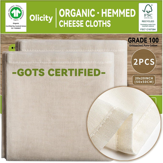 Organic Cheese Cloths, GOTS Certified, 2PCS, Grade 100, 20x20Inch Hemmed Cheese Cloth Reusable Muslin Cheesecloth for
