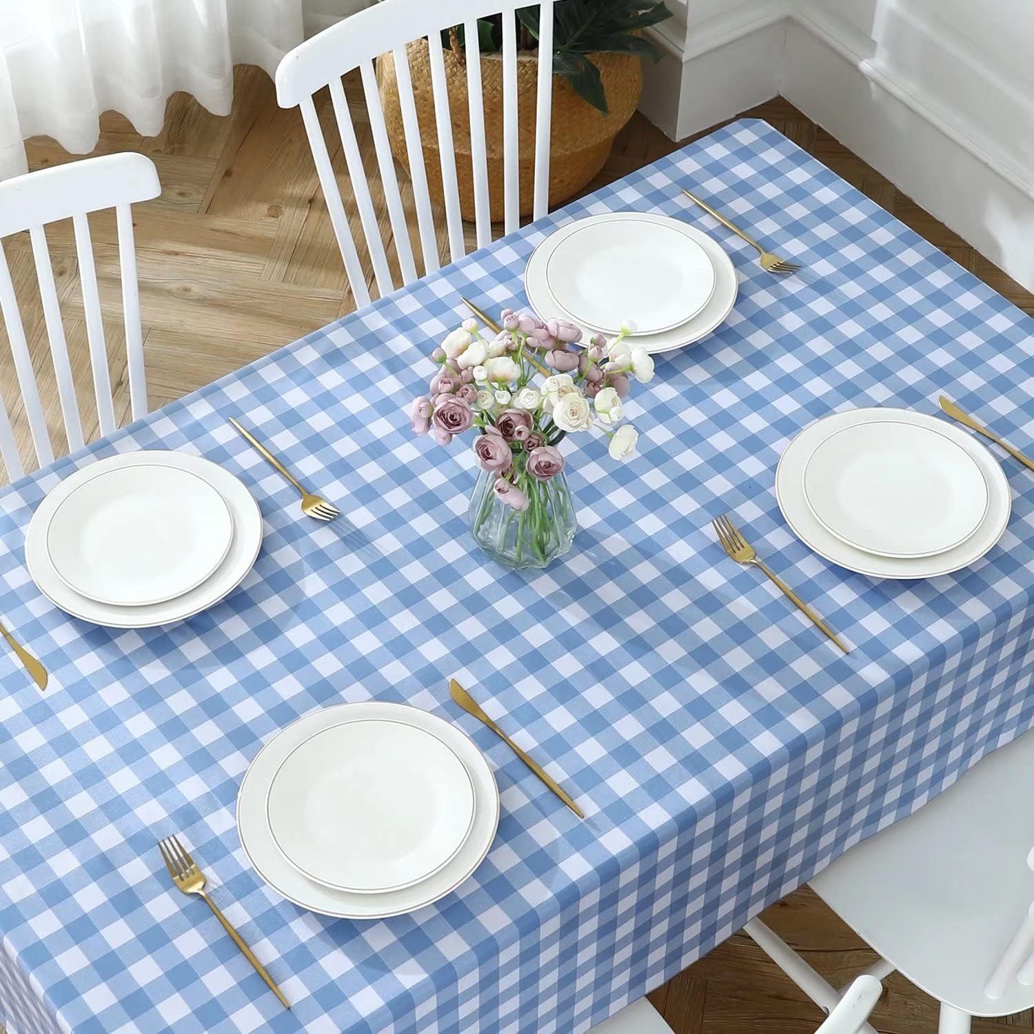 Romanstile Rectangle Vinyl Tablecloth, 100% Waterproof Buffalo Gingham Plastic Table Cloth, Heavy Duty Wipeable Checkere