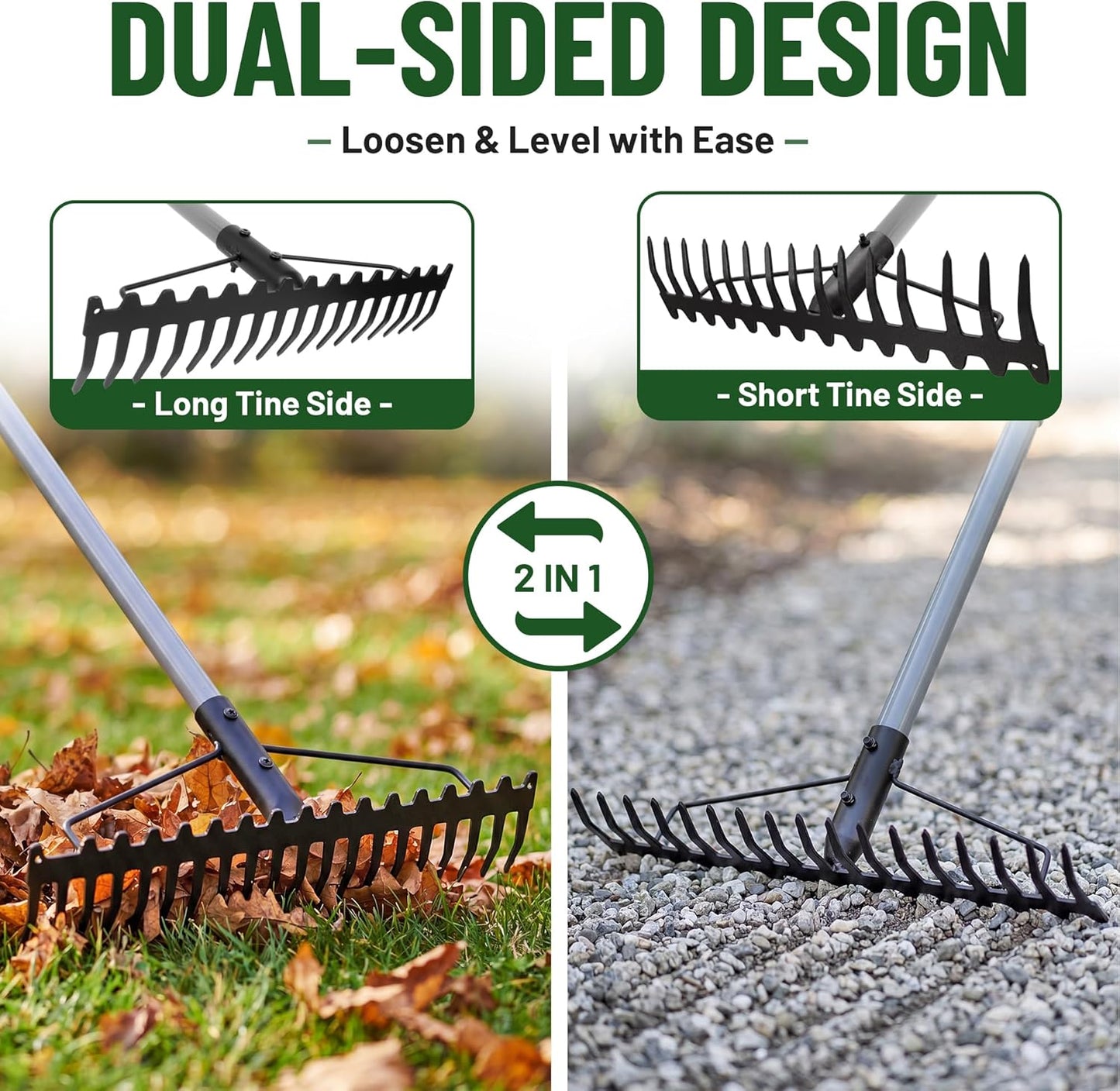 Walensee Heavy Duty Dual-Sided Bow Rake, 63" Stainless Steel Handle, Heat-Treated Manganese Steel Head, 17 Steel Tines Metal Garden Rake for Soil Loosening, Yard Leveling, Lawn Care and Thatch Removal