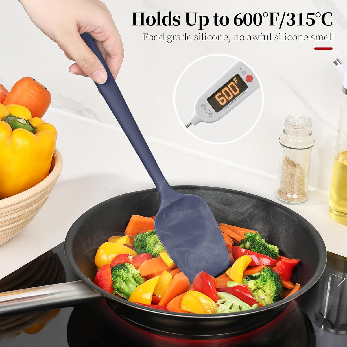 600ºF Heat Resistant Spatulas, High Heat Food Safe Semless Kitchen Silicone Scraper Set for Cooking Baking Mixing Scraping Stirring Nonstick Cookware Pan Bowl (3Pcs,Midniaht Blue)