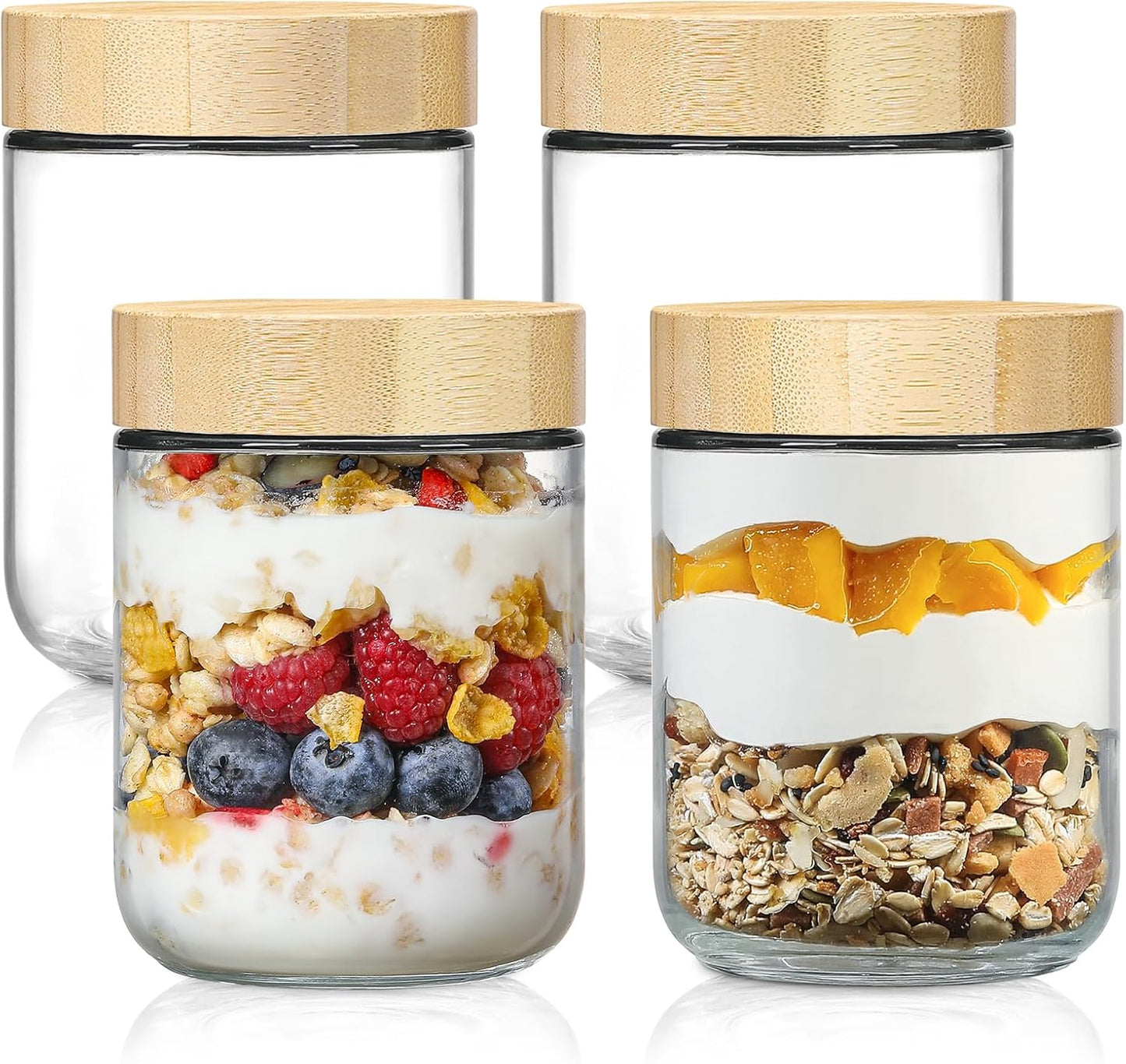 NETANY 4-pack 16oz Glass jars with Airtight Lids, Overnight Oats Containers with Bamboo Lids, Wide m
