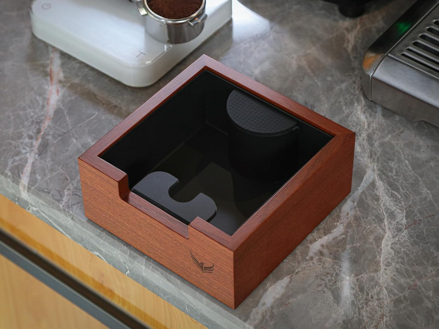 51mm Espresso Tool Kit – Calibrated Rosewood Tamper, Espresso Distributor, Magnetic Funnel with Puck Screen, Knock Box & Rosewood Tamping Station – For 51mm Espresso Machines