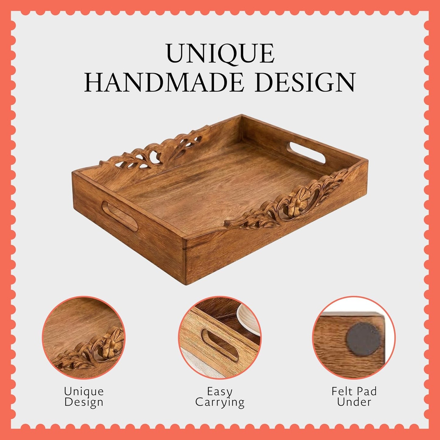 Mela Artisans Orchid Mango Wood Serving Tray - Medium Burnt, 16x12 in | Handcrafted serving tray board with handles for breakfast, coffee and home décor, utilizing built-in base felt pads.