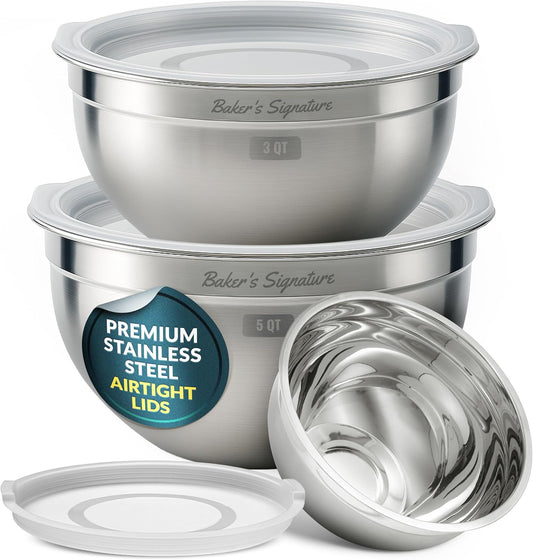 Baker's Signature Stainless Steel Mixing Bowls With Lid, Metal Mixing Bowl Set Of 3, Nesting Set For Food Prep,