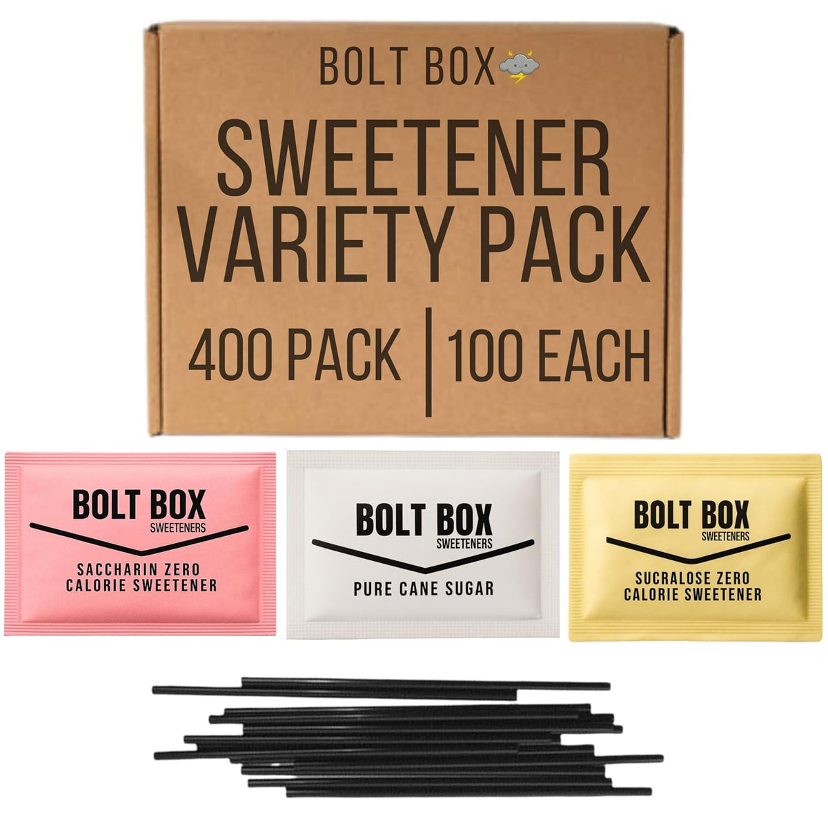 Bolt Box Sugar &amp; Sugar Substitute Packets Variety Pack, 400 Count – Cane Sugar, Saccharin, Sucralose &amp; Stir Straws for Coffee Station, Office Breakroom, Airbnb