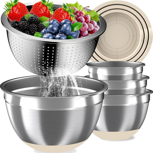 Mixing Bowls with Airtight Lids Set, 4 Stainless Steel Bowls Nesting Bowls & Colander, Kitchen Organizers and Storage
