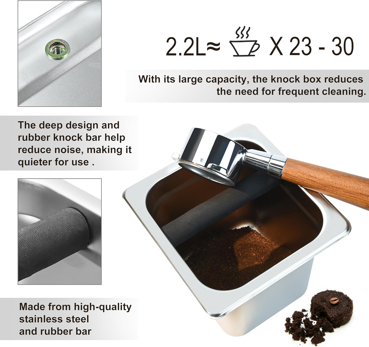 Stainless Steel Coffee Knock Box, Square Espresso Knock Box, Large Capacity Coffee Accessories, Easy to Clean Espresso Accessories for Home, Kitchen, Cafe, and More