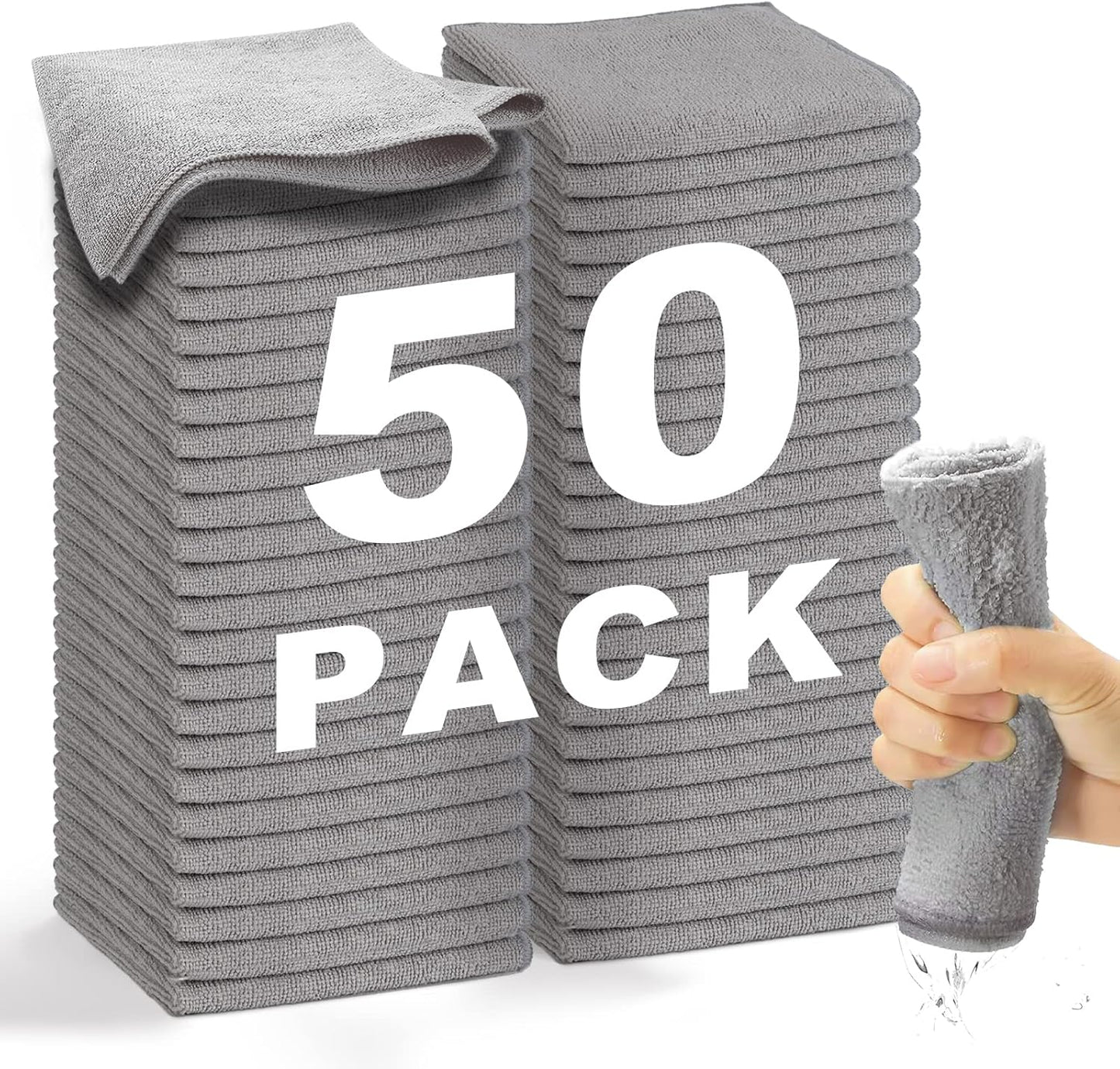 Microfiber Cleaning Cloth Grey-50Pcs (13x13 inch) 2100 Series Ultra Soft Highly Absorbent Rags for C