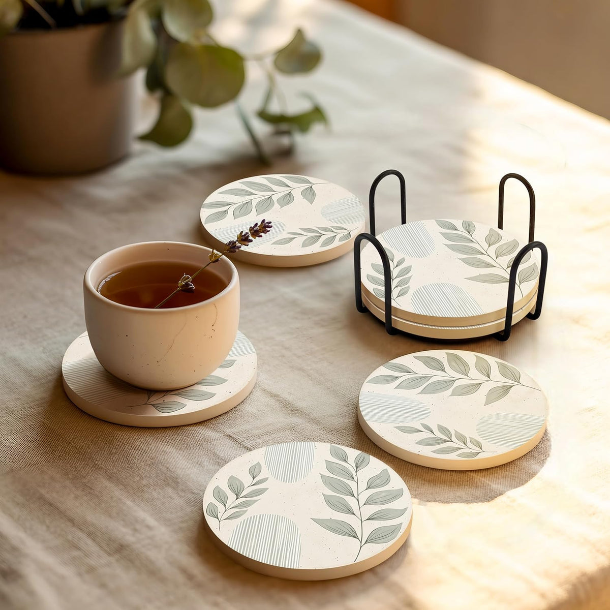 VEYRO Coasters Set of 4 for Drinks – Absorbent Ceramic Stone Drink Coasters with Cork Backing for Coffee Table & Desk, Modern Boho Look Cup Coaster Set, Housewarming Gift for New Home