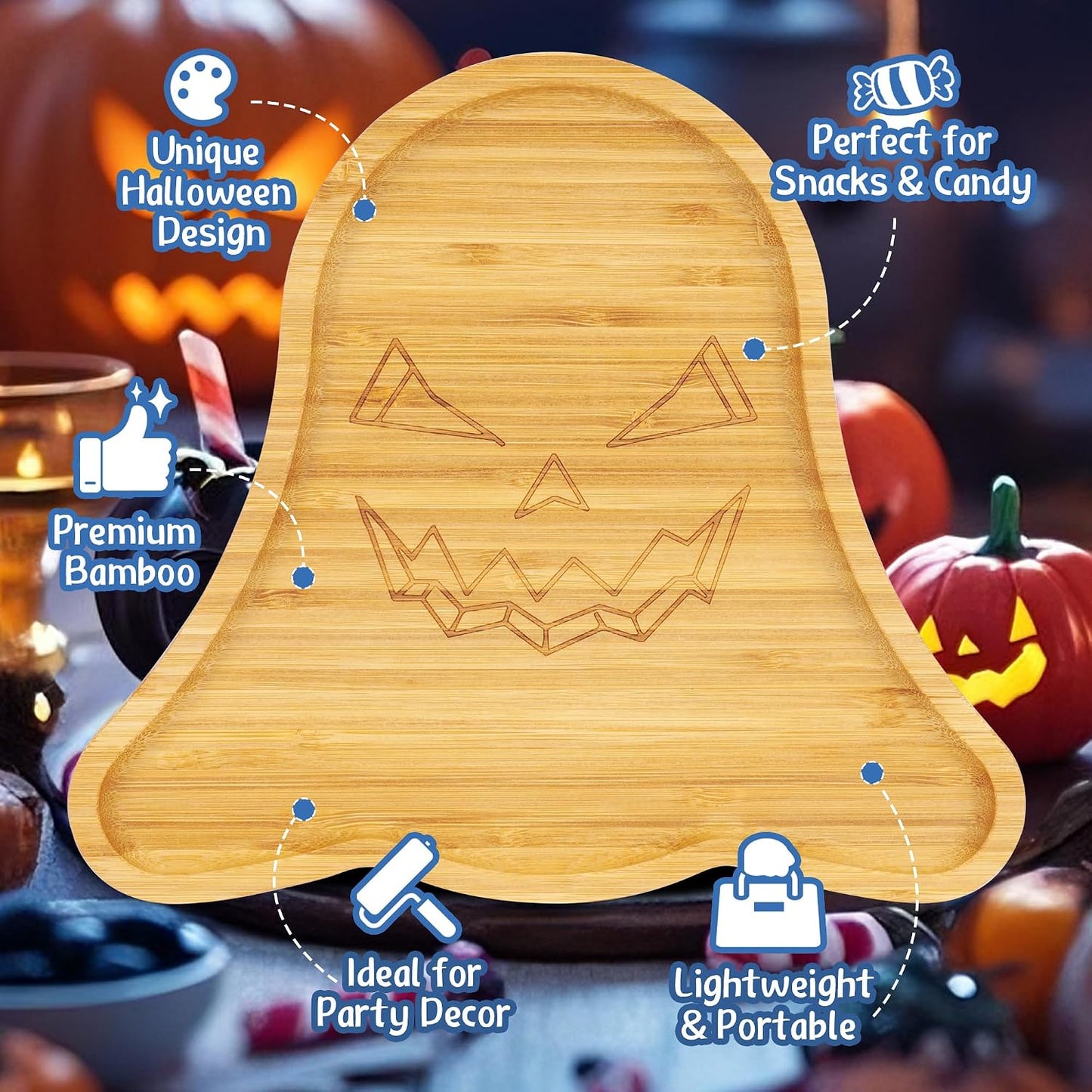 TJ POP Ghost Serving Tray - Spooky Ghost Shaped Bamboo Serving Platter, Festive Wooden Charcuterie Board, Snack Cheese Dish Plate for Candy, Treats, Drinks &amp; Holiday Party Decor (10" x 9")