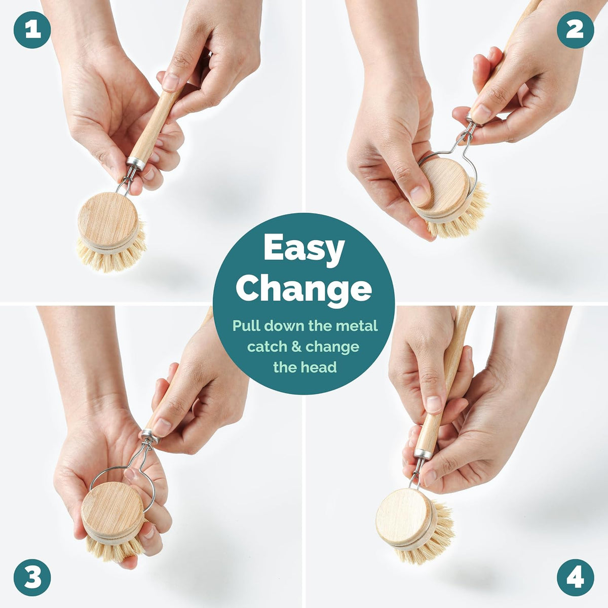 JUNGLE CULTURE Bamboo Dish Brush • 3 Swap Heads &amp; Loofah Sponge • 4 Piece