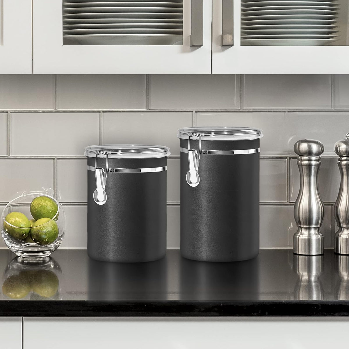 Oggi Stainless Steel Kitchen Canister 47 fl oz, Black - Airtight Clamp Lid, Clear See-Thru Top - Ideal for Kitchen Storage, Food Storage, Pantry Storage. Large Size 5" x 6".