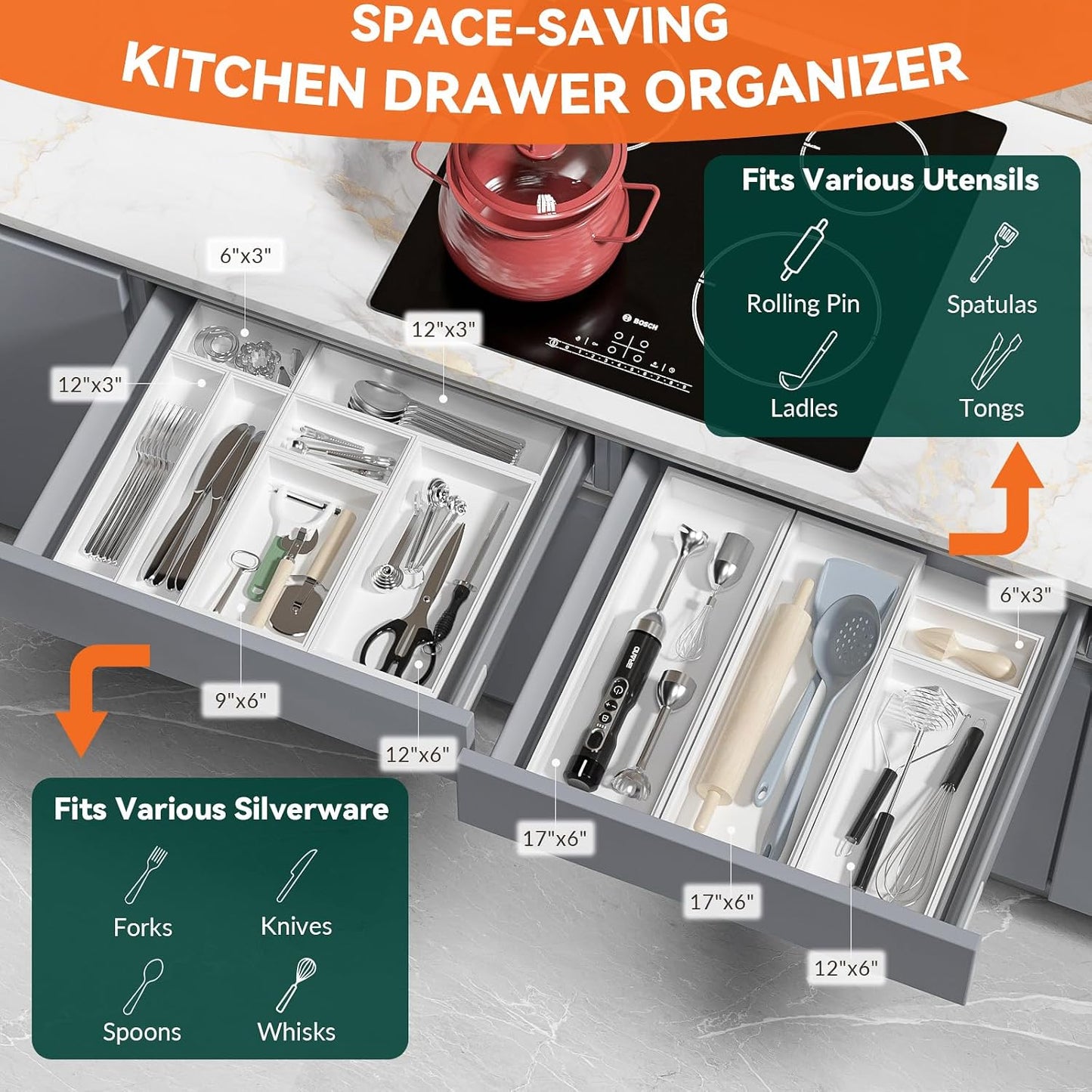 Lixple Bamboo Kitchen Drawer Organizer, 2 Pack, 9" x 3" x 2", White