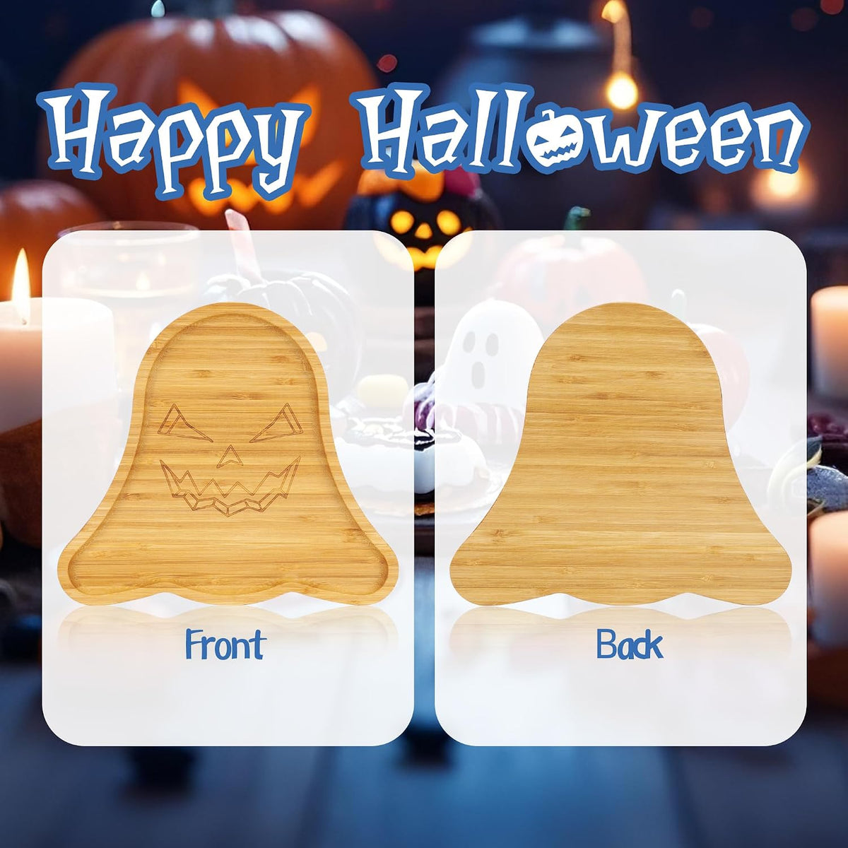 TJ POP Ghost Serving Tray - Spooky Ghost Shaped Bamboo Serving Platter, Festive Wooden Charcuterie Board, Snack Cheese Dish Plate for Candy, Treats, Drinks &amp; Holiday Party Decor (10" x 9")