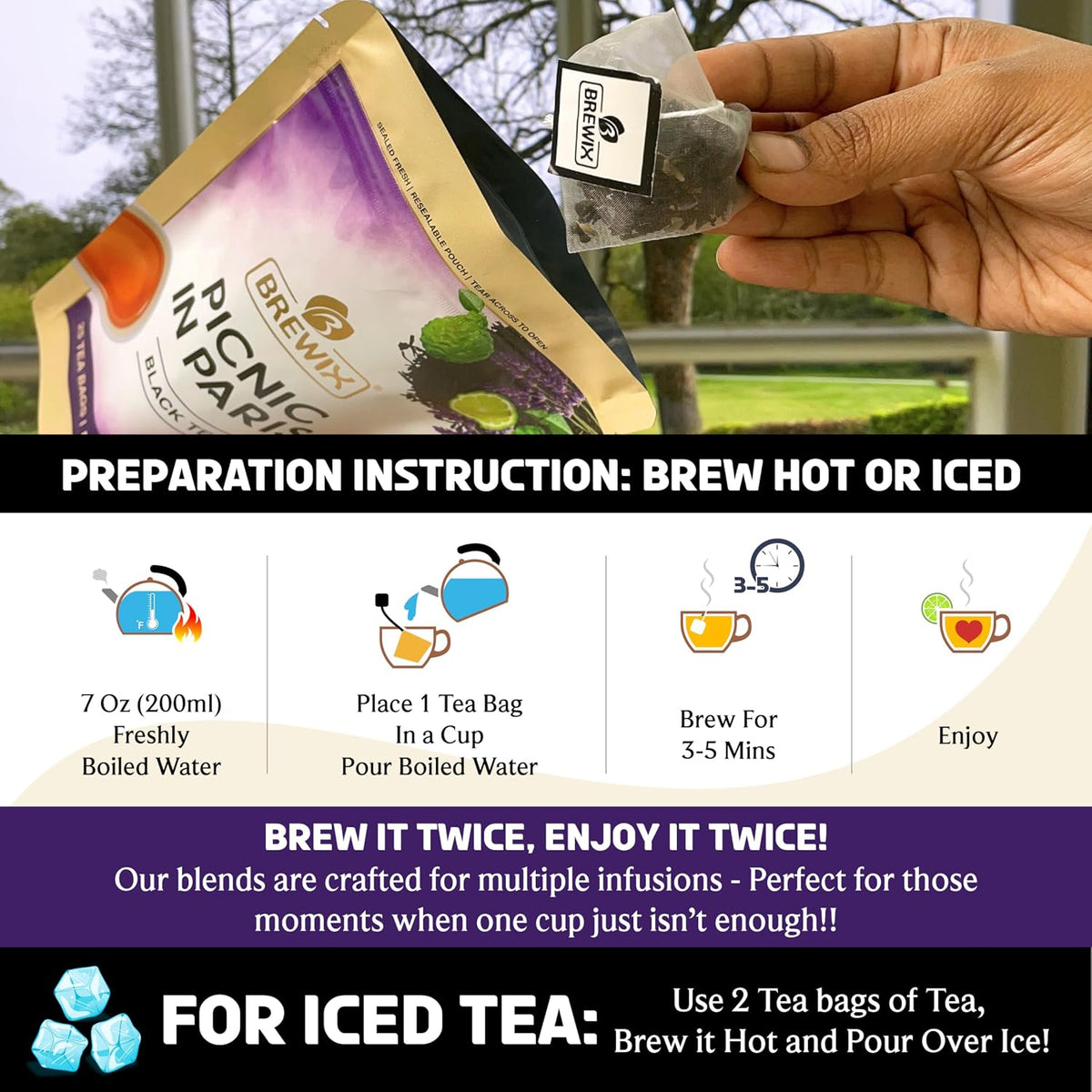 BREWIX, Earl Grey Lavender Tea Bags (25 Whole-Leaf Pyramid Sachets) | London Fog Black Tea with Natural Bergamot, Lavender &amp; Vanilla | Floral, Aromatic &amp; Caffeinated, Hot, Iced or Latte | Picnic in Paris