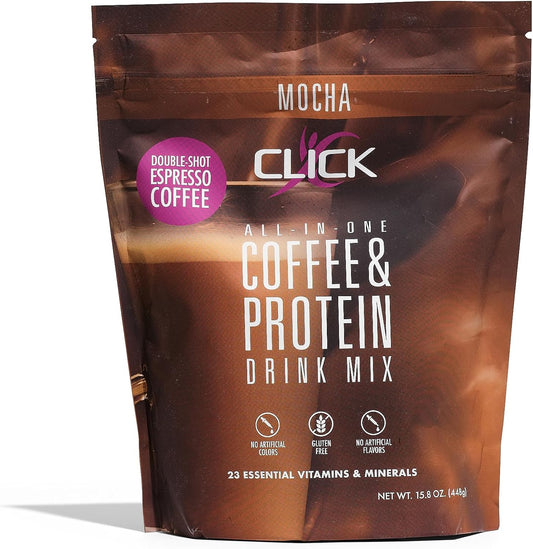 Click Coffee Protein, Protein & Real Coffee All-in-One, Meal Replacement Nutrition Drink, Mocha Flavor, 23 Essential