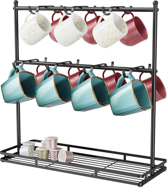 OROPY Coffee Mug Holder for Countertop, 14-Hook Mug Tree Rack for 14 Cups, 2 Tier Mug Display Stand with Heavy Duty Metal