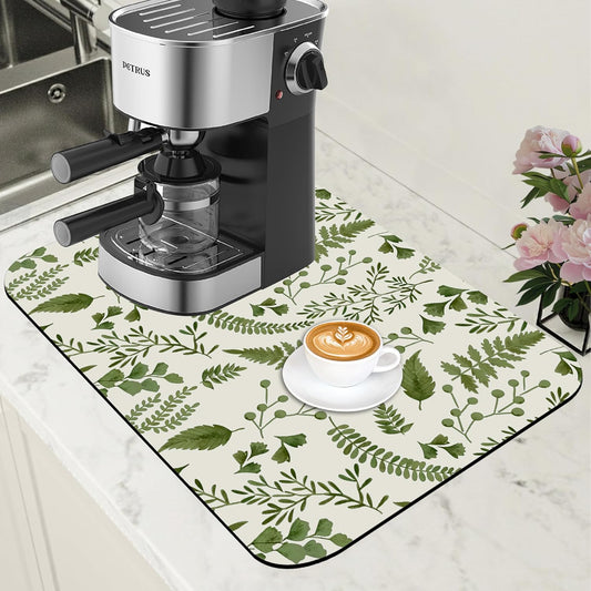 Green Leaf Coffee Mat Herb Dish Drying Mat for Kitchen Counter Hide Stain Rubber Backed Absorbent Coffee Bar Accessories Fit