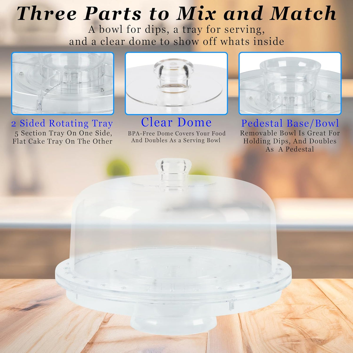 7in1 Rotating Multifunctional Acrylic Cake Stand with Lid &amp; Cake Turntable | 12" Cake Turntable for Decorating Kit Serving Salad Bowl/Veggie Platter/Punch Bowl/Desert Platter - BPA Free