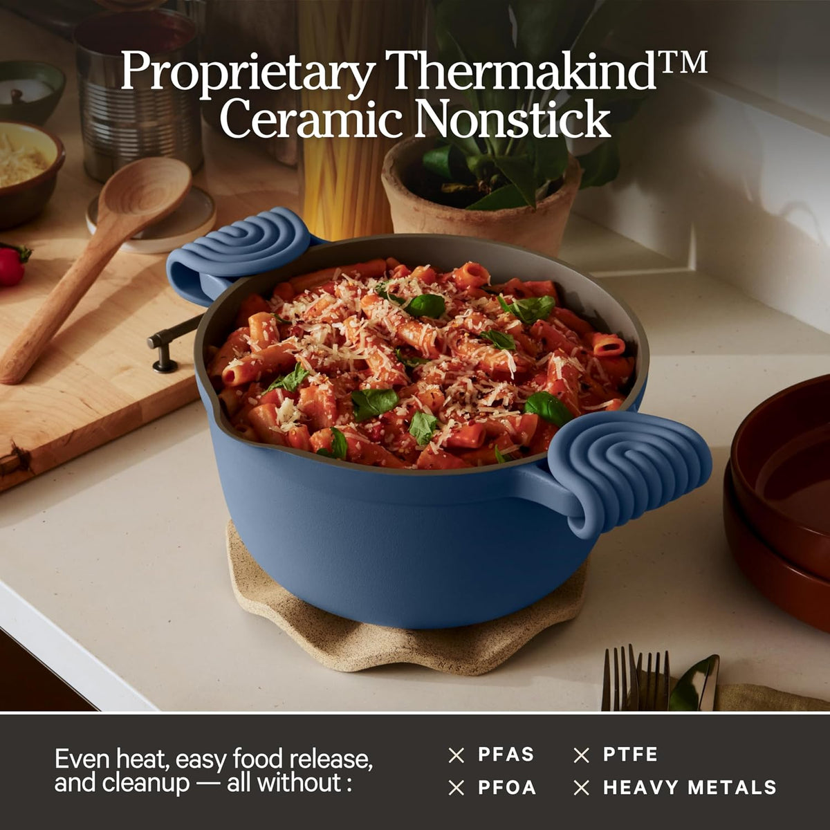 Our Place Perfect Pot - 5.5 Qt. Nonstick Ceramic Sauce Pan with Lid | Versatile Cookware for Stovetop and Oven | Steam, Bake, Braise, Roast | PTFE and PFOA-Free | Toxin-Free, Easy to Clean | Blue Salt