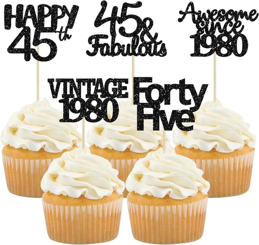 Gyufise 30 Pack Black Glitter 45th Birthday Cupcake Toppers Vintage 1980 Awesome Since 1980 45 Fabulous Cupcake Picks 45th