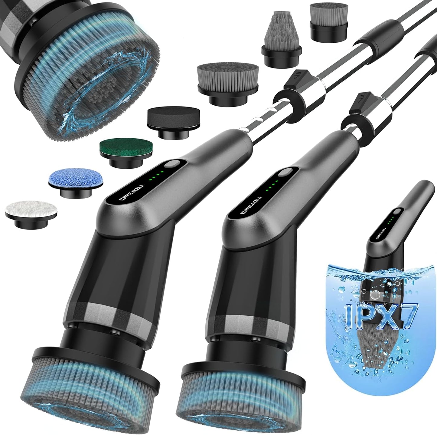 Dreazu Pro Electric Spin Scrubber, 10-in-1 Shower Scrubber &amp; Retractable Long Handle, 44 lbs High-Torque &amp; Variable Speed Shower Cleaning Brush for Bathroom,Toilet, Bathtub, Kitchen, Tile Floors, Car