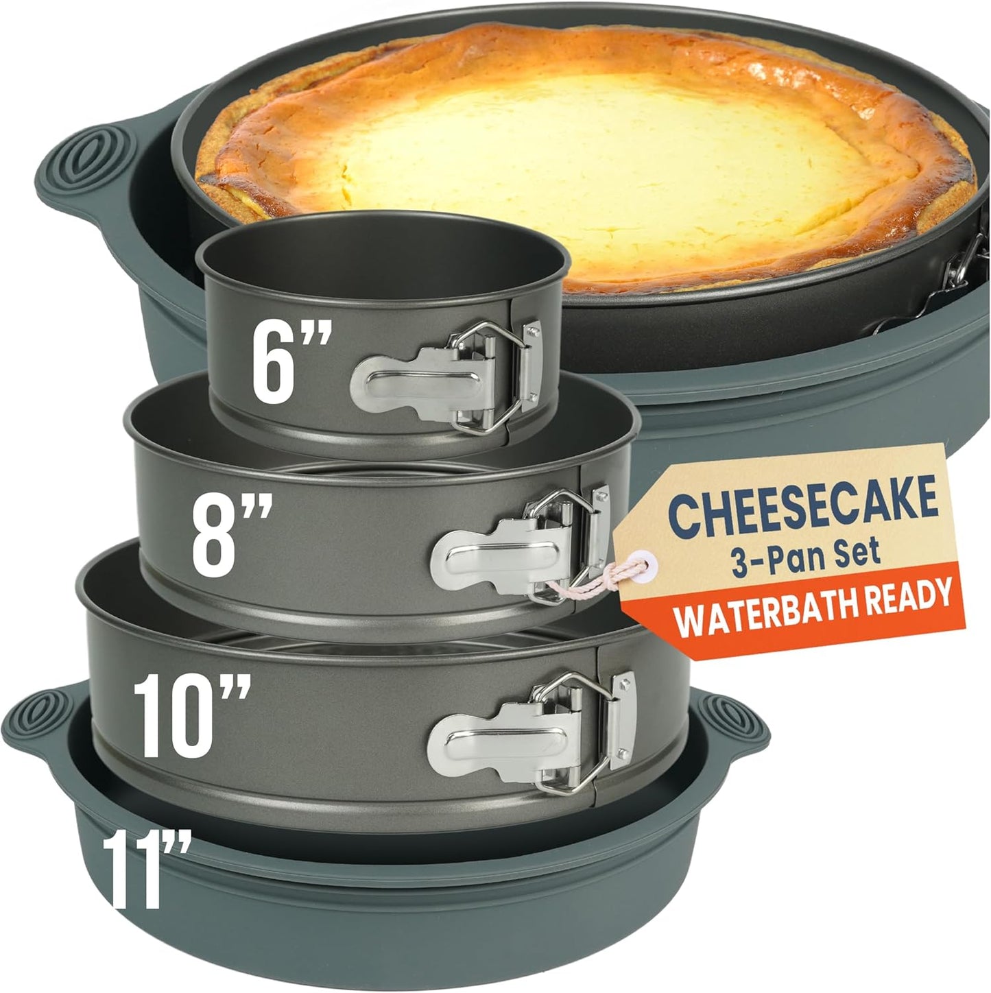 Cheese Cake Pans for Baking, NON-STICK Springform Pan Set &amp; SILICONE SLEEVE | 6, 8, 10 in, NO LEAKS IN WATER BATH - Sturdy Silicon Protector for FOIL-FREE Cheesecake Baking, Durable Carbon Steel 0.4 mm