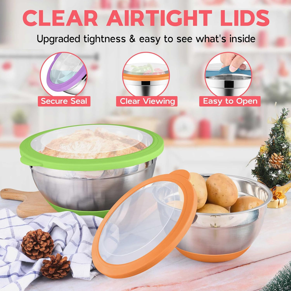 Onader Colorful Mixing Bowl Set of 6 for Kitchen, Large Stainless Steel Metal Nesting Mixing Bowls with Airtight Lids, Non Slip - Size 0.7, 1, 1.5, 2, 2.6, 4.6QT