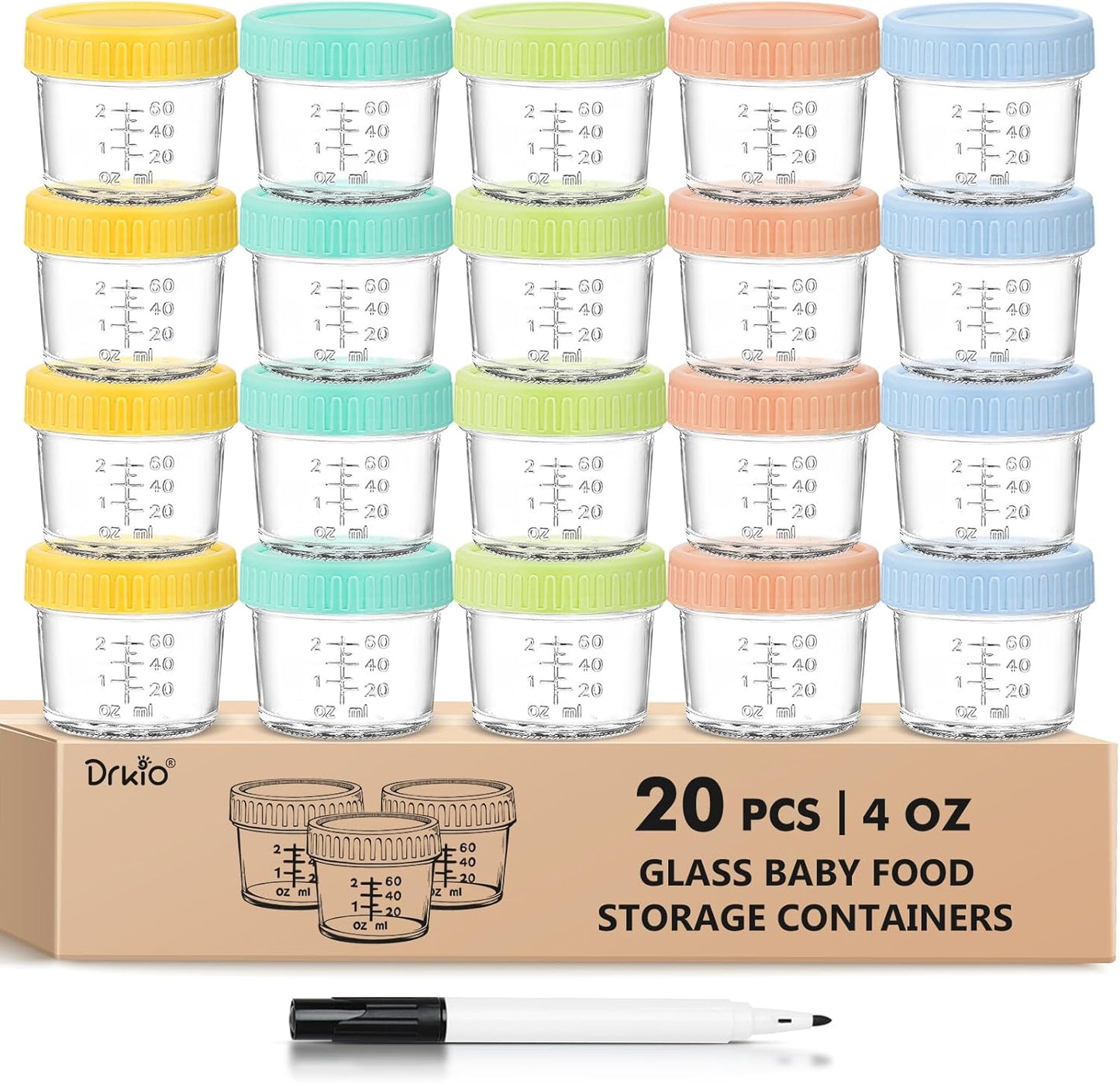 DRKIO 20 Pack Glass Baby Food Storage Containers 4 Oz Baby Food Jars with Lids Baby Food Maker Micro
