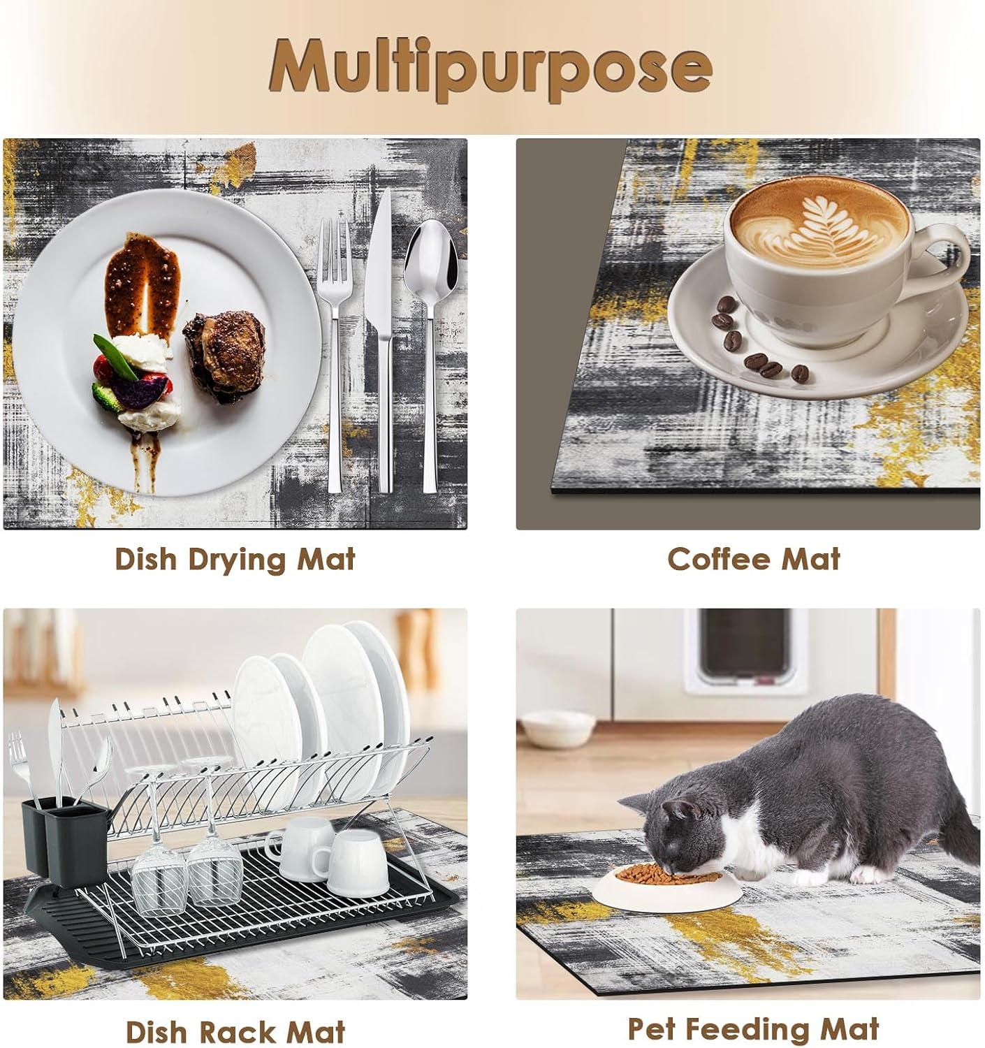 Arttown Coffee Mat for Countertops, 2 Pcs, 12" x 19" Abstract Minimalism | Golden Black Grey Dish Drying Mats Rubber Backed, Kitchen Bar Accessories for Espresso Machine Rack Hide Stain