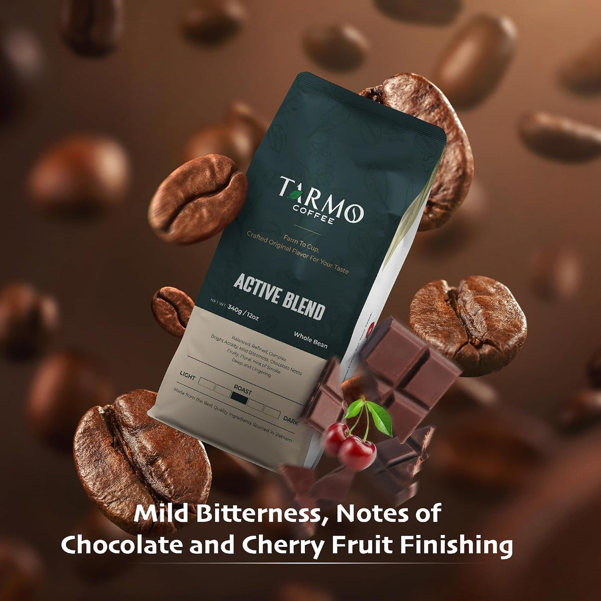 TARMO - ACTIVE BLEND | Low Acid ARABICA &amp; ROBUSTA BLEND Whole Bean Coffee | Specialty Vietnamese Coffee | Single Origin Medium Roast | Premium Espresso Beans, 12 Oz Bag