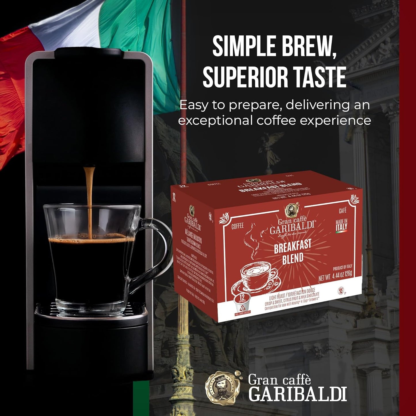 Caffè Garibaldi French Roast Coffee Pods, Single-Serve Capsules for Keurig K-Cup Brewers, Single Serve Cups, 100% Arabica Blend for Coffee Makers, 12 Count Recyclable Pods - Dark Roast