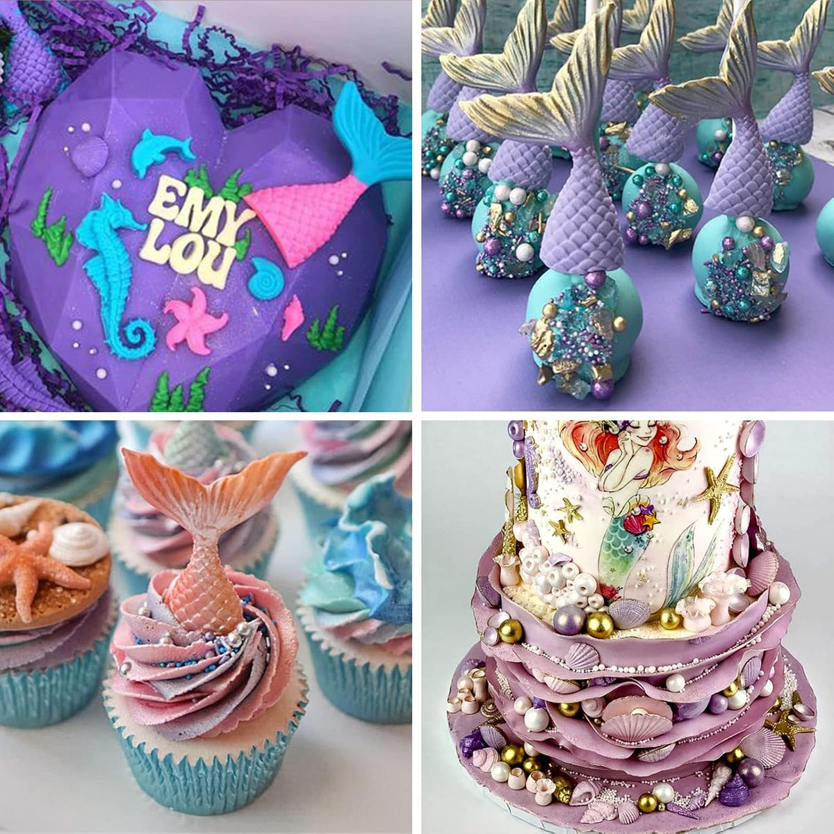 SAKOLLA Mermaid Theme Cake Fondant Mold - Seahorse Seashell Starfish Mermaid Tail Silicone Mold for Cake Decoration