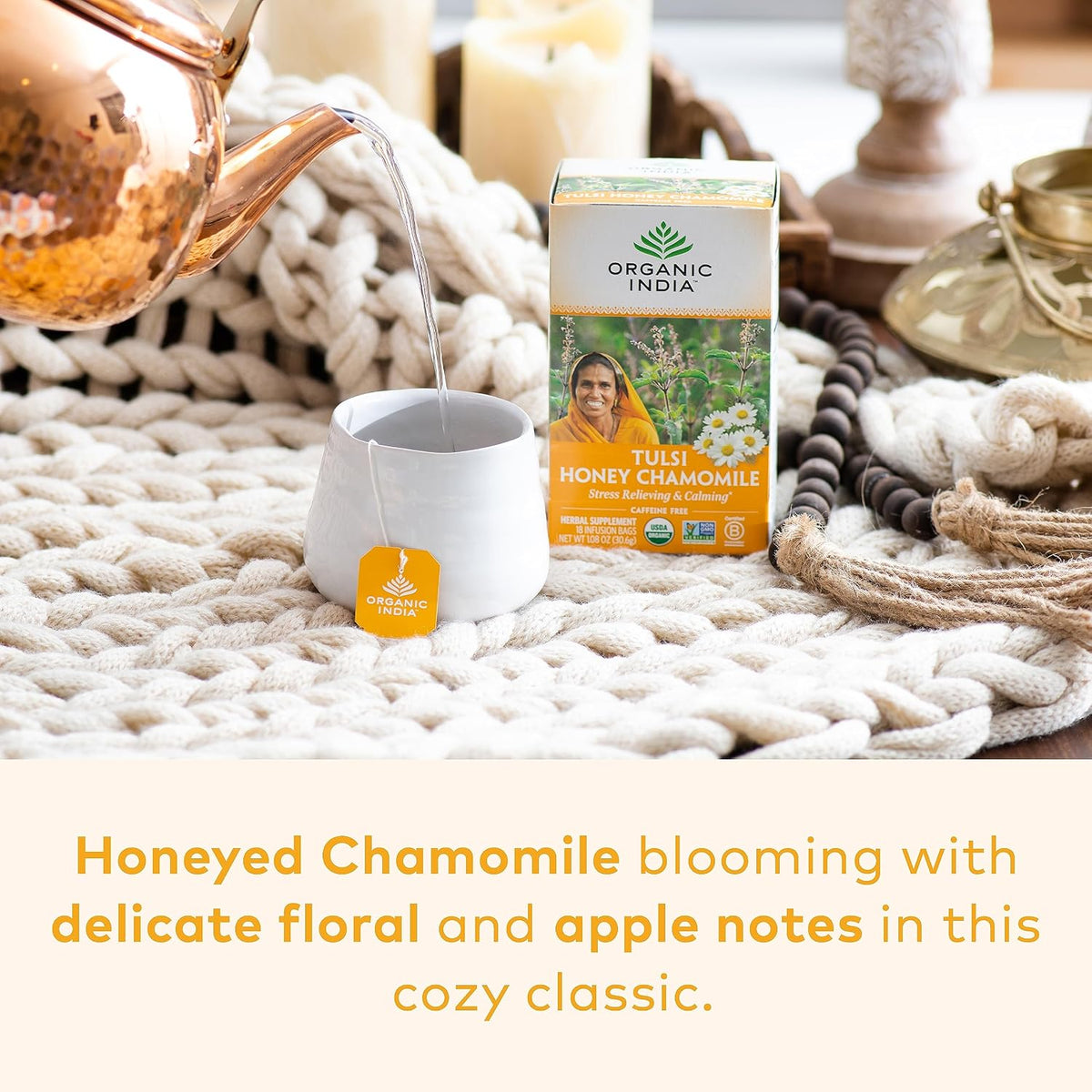 Organic India Tulsi Honey Chamomile Herbal Tea - Holy Basil, Stress Relieving &amp; Calming, Immune Support, Adaptogen, Vegan, USDA Certified Organic, Caffeine-Free - 18 Infusion Bags, 6 Pack