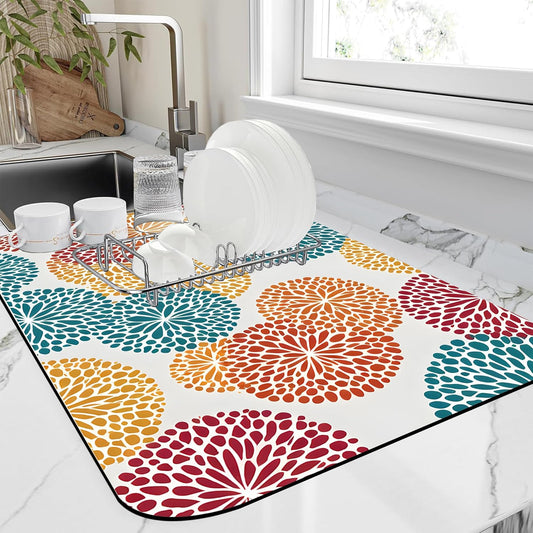 Abstract Floral Elements Dish Drying Mat Artifical Floral Kitchen Mat 12"x19" Bsorbent Coffee Maker Mat for Dishes,Utensils