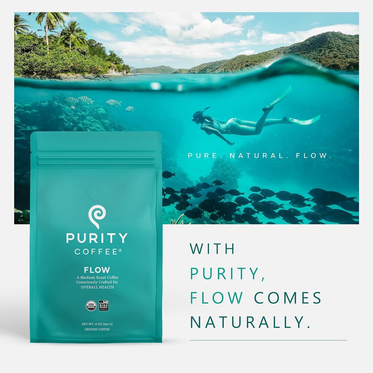 FLOW Original Medium Roast Ground (12oz Bag) | Specialty-Grade USDA Organic Arabica Blend | Third Party Tested for Mold, Mycotoxins &amp; Pesticides