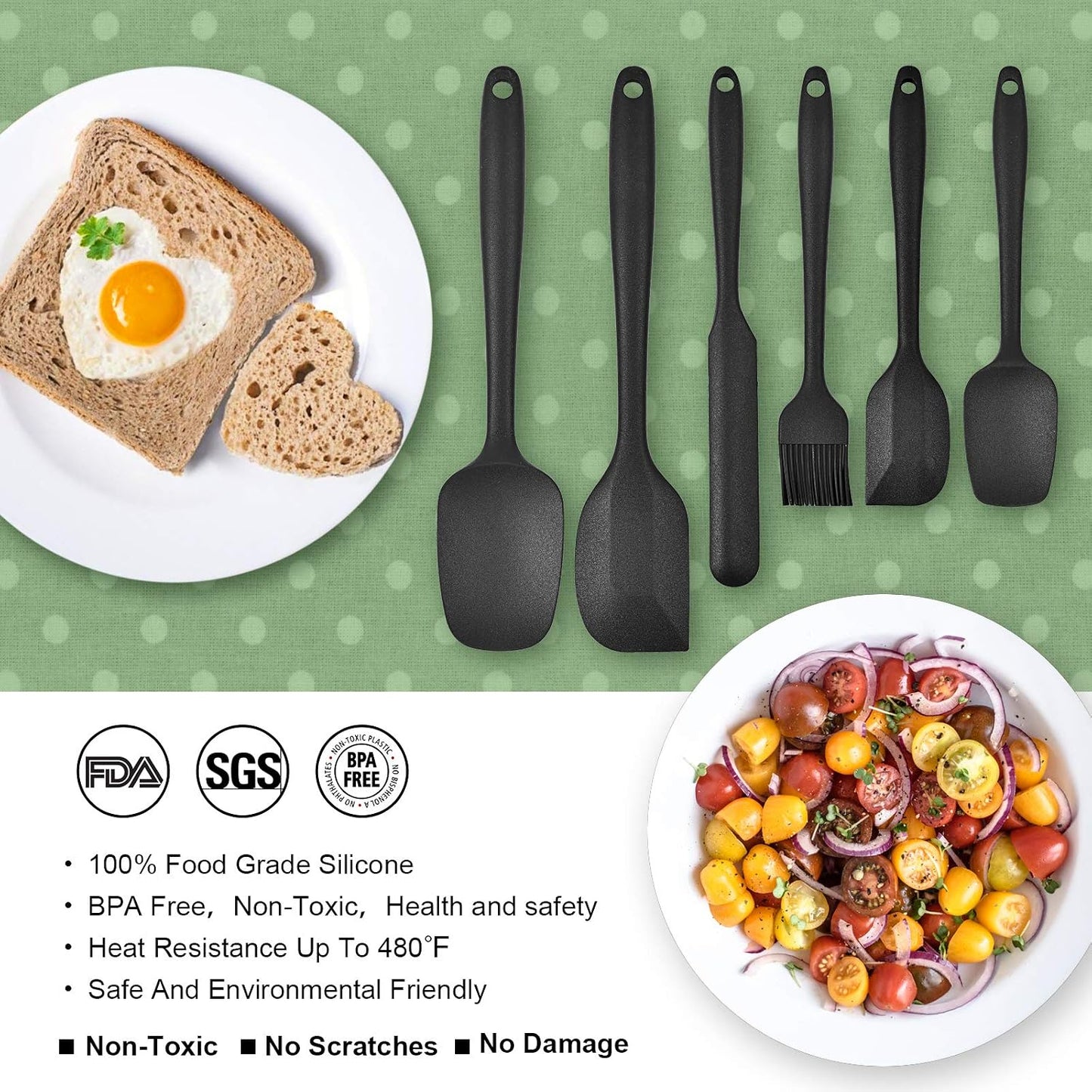 Silicone Spatula Set Food Heat Resistant Kitchen Rubber | Food Grade Silicone SeamlessUtensils One Piece Design BPA-Free,Non-Stick,Dishwasher Safe,Cooking and Mixing Set of 6PCS