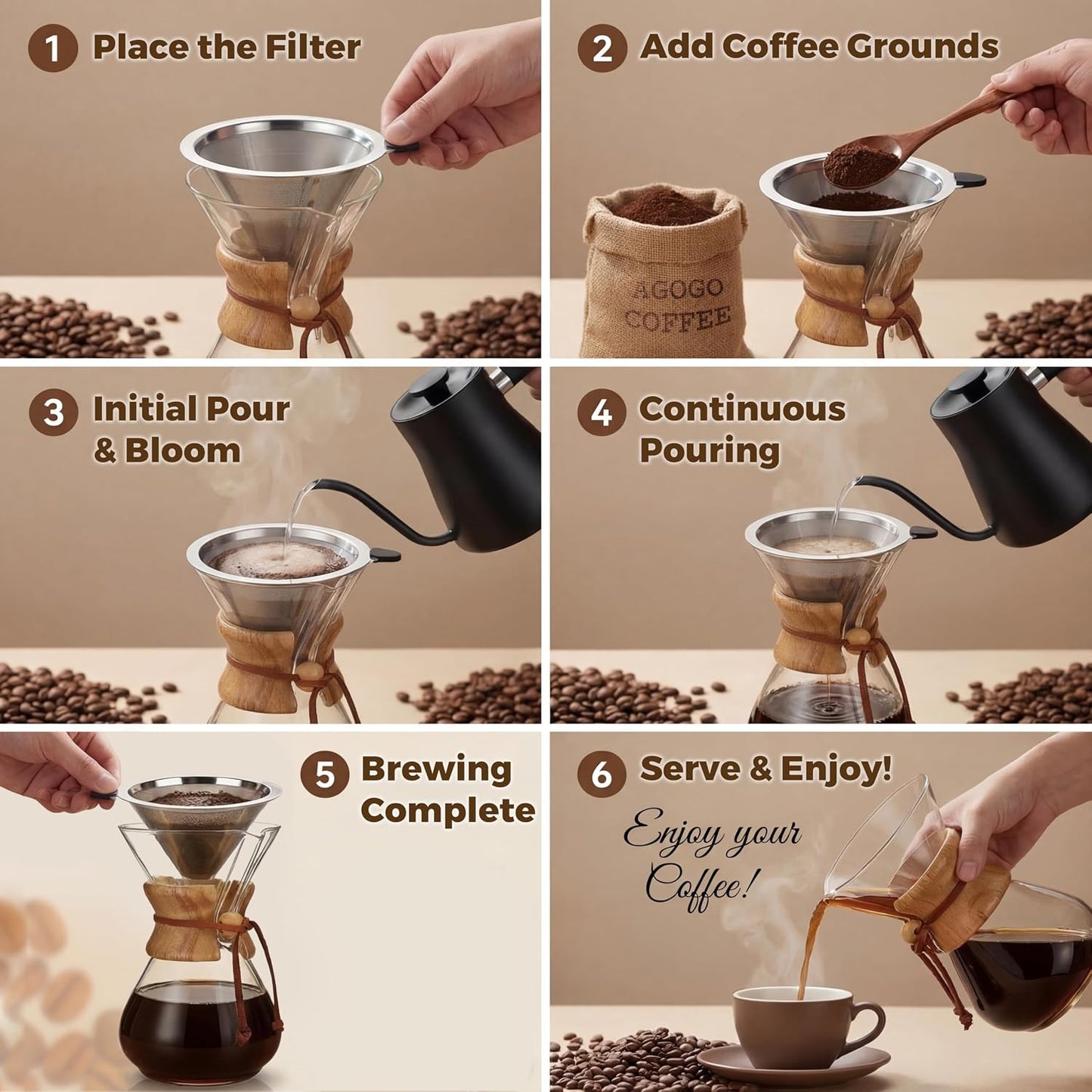 AGOGO Pour Over Coffee Maker Set, 34oz Slim Style, 304 Stainless Filter